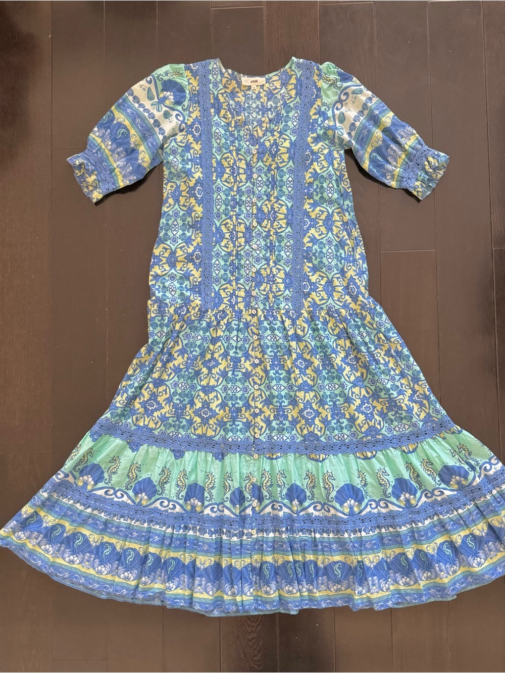 Blue & Green Boho Coastal Print Tiered Dress with Pockets
